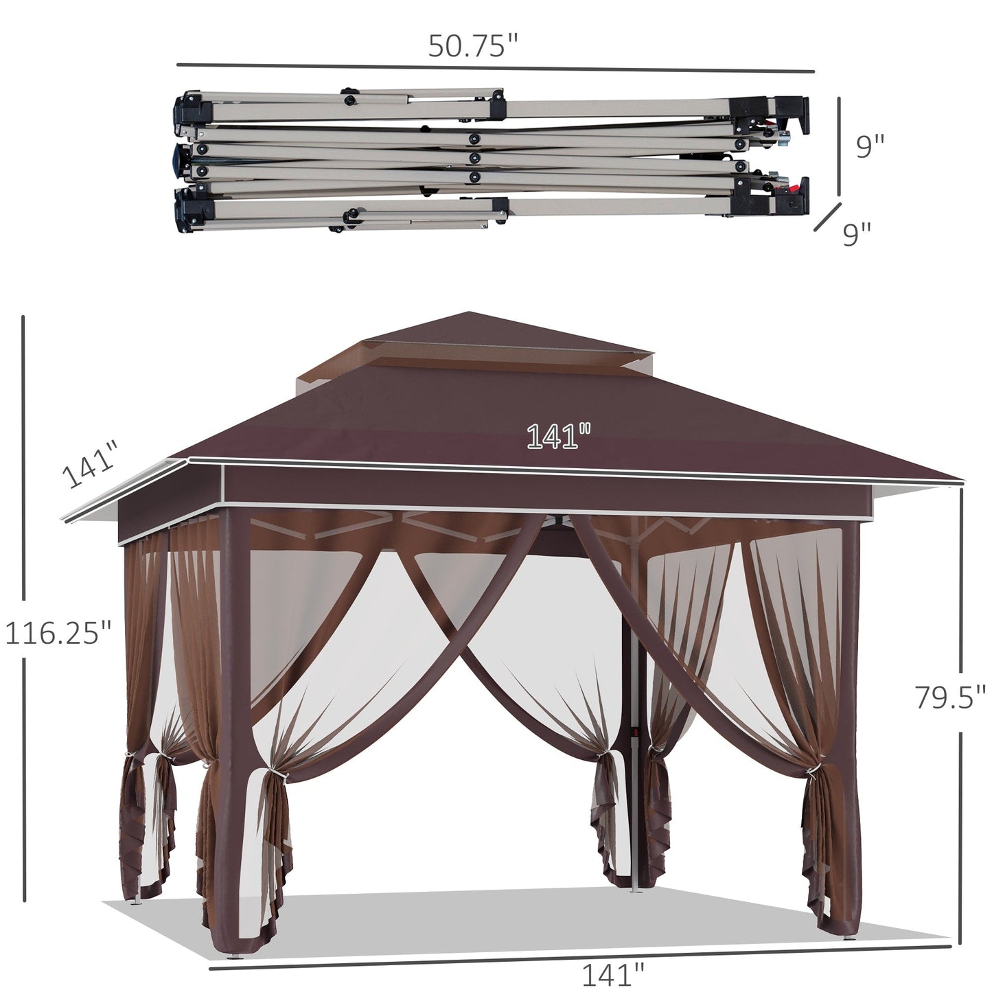 Outsunny 12' x 12' Pop Up Canopy Sun Shade Tente instantanée pliable avec filet latéral en maille, hauteur réglable sur 3 niveaux