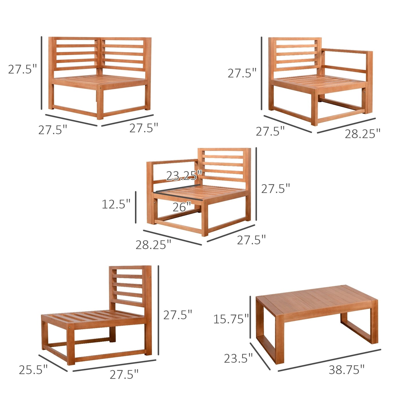 Ensemble de meubles de jardin Outsunny 5 pièces en L, canapé d'extérieur en bois, gris