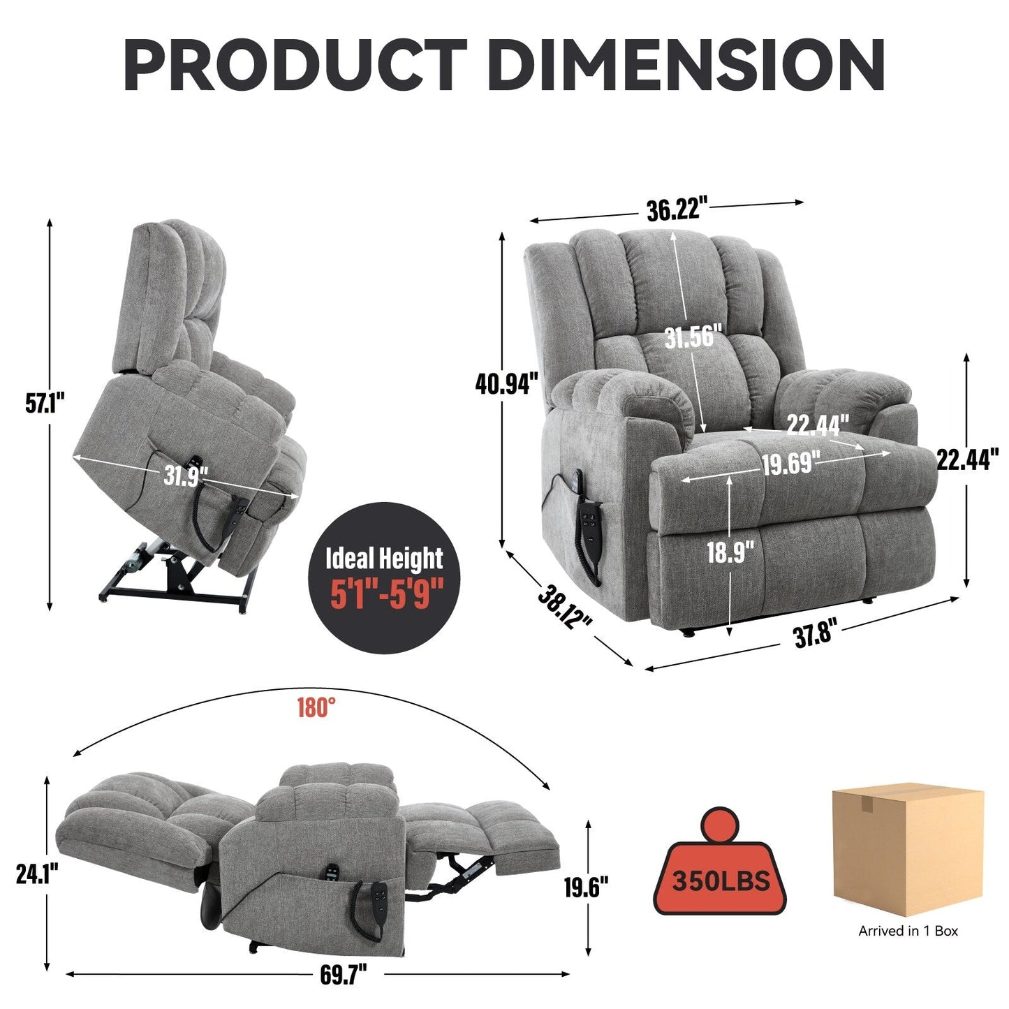 Fauteuil inclinable électrique surdimensionné en chenille avec massage et chauffage lombaire, inclinable en position infinie