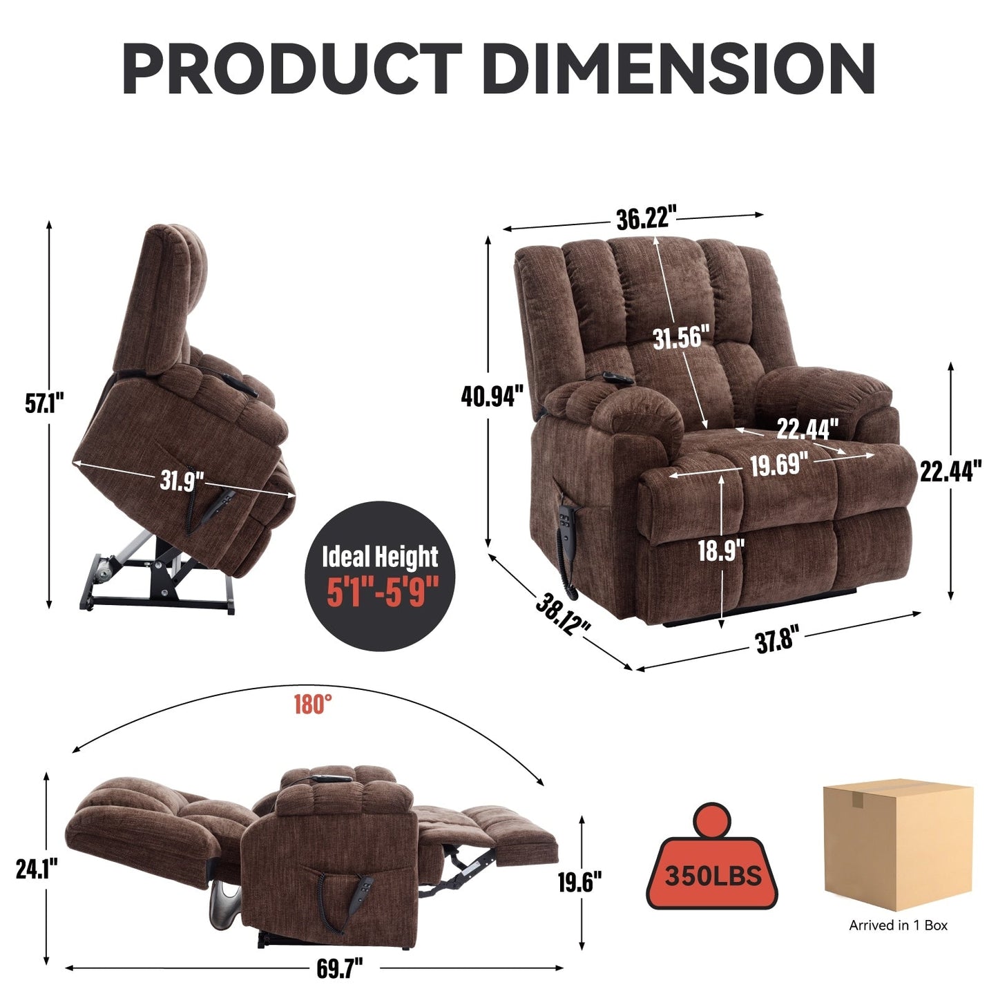 Fauteuil inclinable électrique surdimensionné en chenille avec massage et chauffage lombaire, inclinable en position infinie