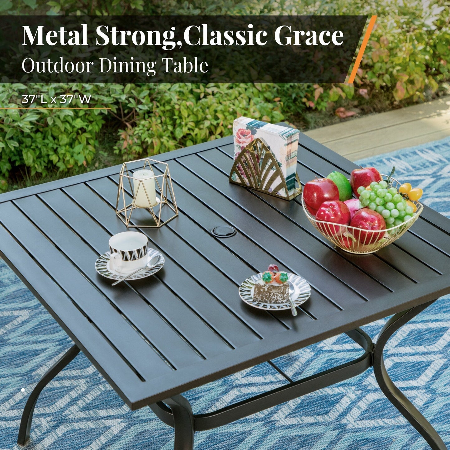 Ensemble de salle à manger de patio 6 pièces MAISON ARTS avec parasol à inclinaison automatique à 3 niveaux de 10 pieds : 4 chaises d'extérieur en métal et 1 table à manger carrée en métal