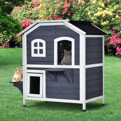 Maison pour chat d'extérieur PawHut en bois de sapin à deux étages, abri pour chats sauvages en bois avec toit en asphalte ouvrable pour intérieur/extérieur, blanc/gris
