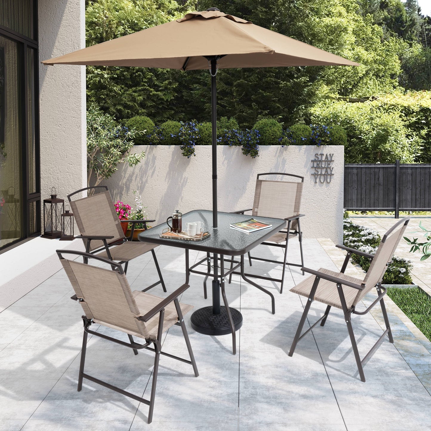 Ensemble de patio Pellebant 6 pièces avec table, parasol et 4 chaises pliantes - 22,4 L x 26,8 P x 34,4 H