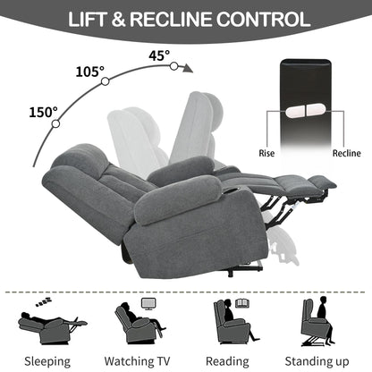 Fauteuil releveur électrique pour personnes âgées, en tissu, avec repose-pieds allongé, 2 porte-gobelets, poches latérales et télécommande.