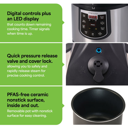 Autocuiseur électrique Presto 02141 6 pintes avec mijoteuse programmable, argent