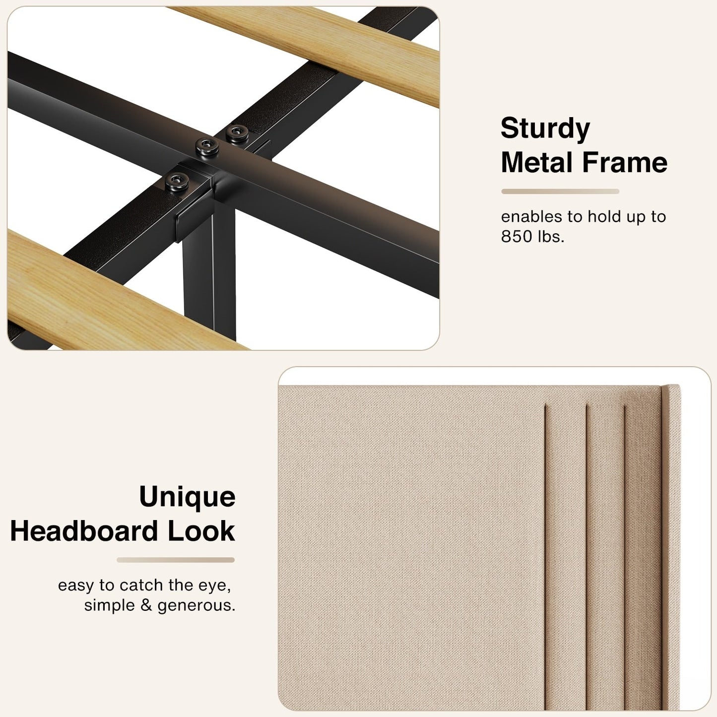 Lit Queen/Full rembourré à canaux verticaux avec tête de lit à oreilles