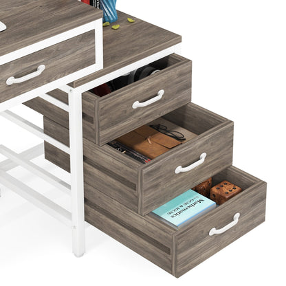 Bureau d'ordinateur réversible avec 5 tiroirs, bureau à domicile avec classeur, tiroir et support d'imprimante