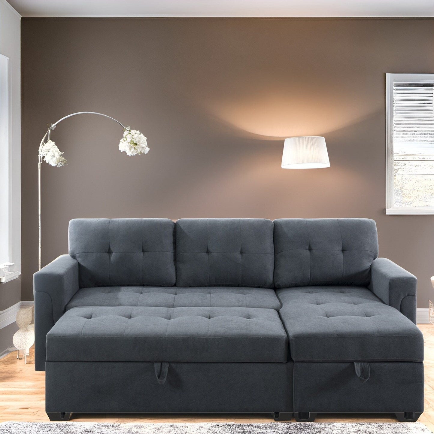 Canapé sectionnel réversible avec lit gigogne, méridienne avec rangement dissimulé, pieds durables,