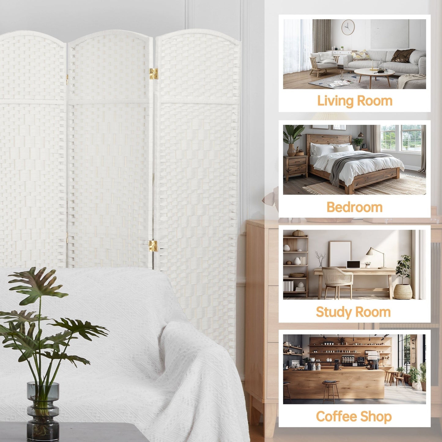 Paravent de séparation de pièce de 6 pieds de haut en fibre tissée, écran de confidentialité autoportant, écran pliant