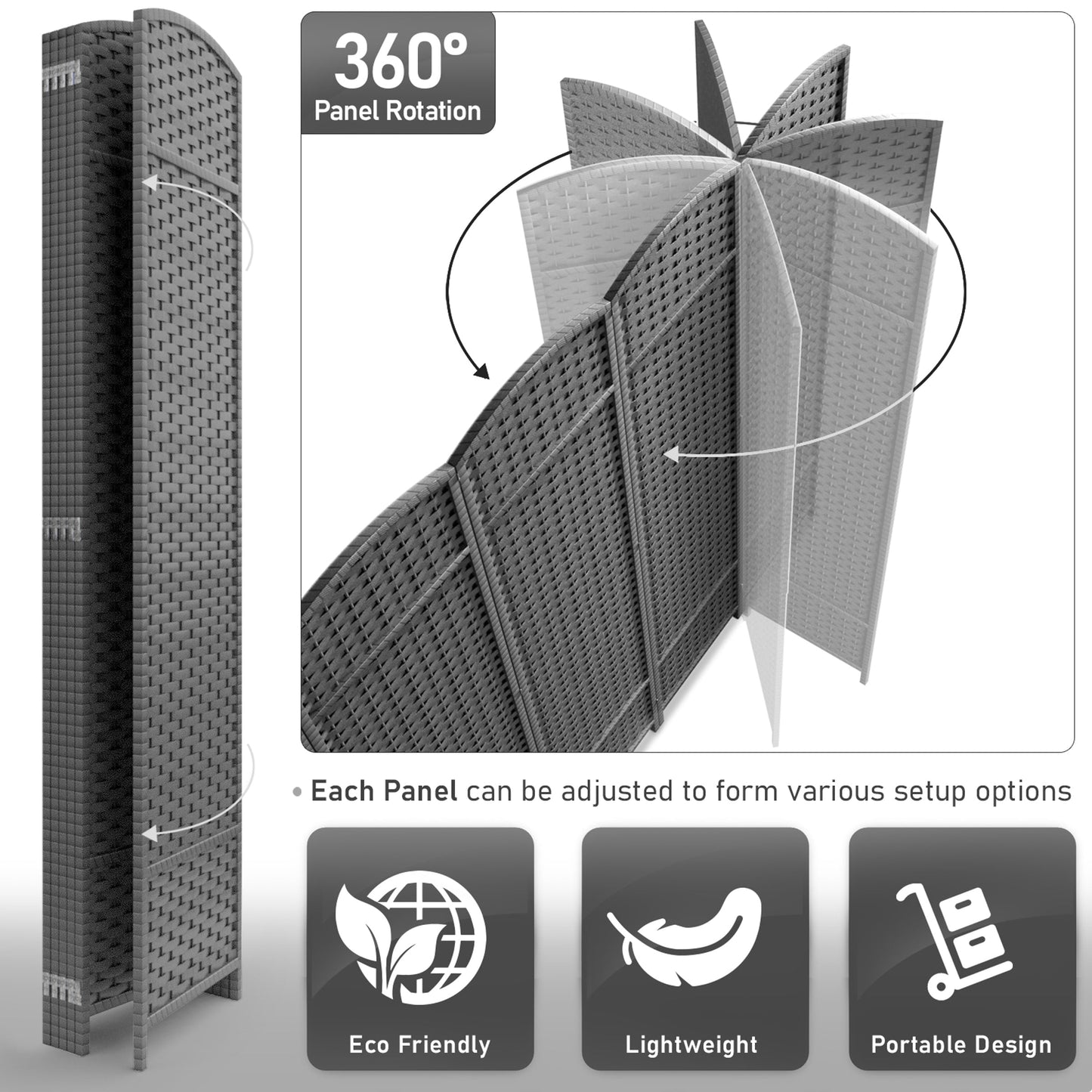 Séparateur de pièce Sorbus à 6 panneaux, cloison de séparation extra large et pliable, tissé à la main, à double charnière, en maille - 1,8 m