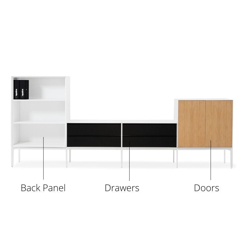 Système de rangement de bureau ADD S | L ouvert + S deux tiroirs doubles + M portes