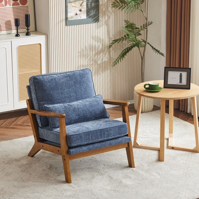 Fauteuil d'appoint rembourré en lin mélangé avec pieds en bois et un coussin beige