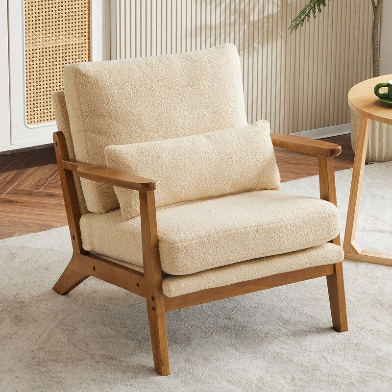 Fauteuil d'appoint rembourré en lin mélangé avec pieds en bois et un coussin beige