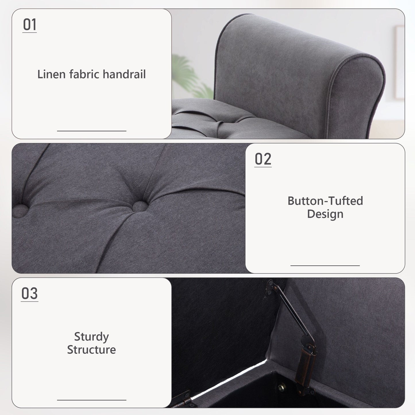 Banc de rangement rembourré, banc d'entrée avec dessus rabattable touffeté, 50,4 pouces