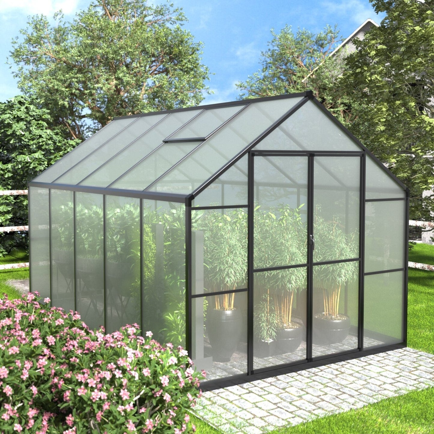 Serre de jardin en aluminium VEIKOUS avec ventilation de toit réglable et porte verrouillable, gris