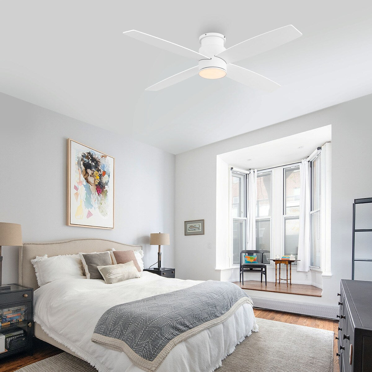 Ventilateur de plafond encastré WINGBO 44/52 pouces avec éclairage et télécommande, 4 pales réversibles