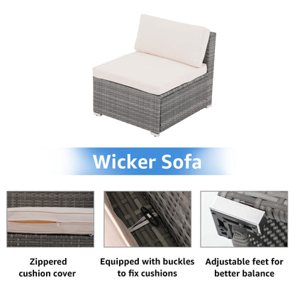 Ensemble de canapés d'extérieur sectionnels rembourrés en osier et acier, 7 pièces