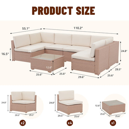 Ensemble de canapés d'extérieur sectionnels rembourrés en osier et acier, 7 pièces